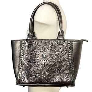 SHYANNE Metallic Silver Leather Purse Tooled Concealed Carry Handbag